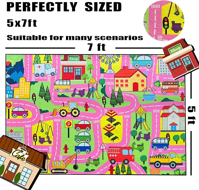 Car Rugs for Kids Toy Cars - Car Track Rug Car Carpet for Kids Rugs for Playroom City Life Road Rug for Girls Living Room Bedroom Playroom Classroom Decor, Pink, 2'5''×4'