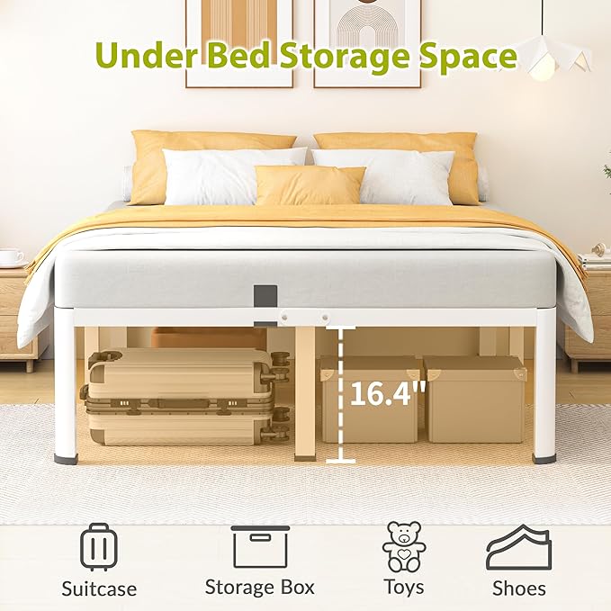 18 Inch Queen Size Metal Bed Frame with Round Corners, Storage Space Under High Bed Frame-Heavy Duty Steel Slats Support, Noise Free - Easy Assembly - No Box Spring Needed,White