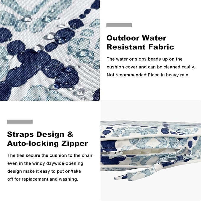 Set of 2 Outdoor Chair Cushions 19"x19"x2",Water Repellent Seat Dining Chair Cushion with Ties and Removable Covers, Chair Cushions for Indoor Kitchen and Patio Furniture,Boho Geometry Blue
