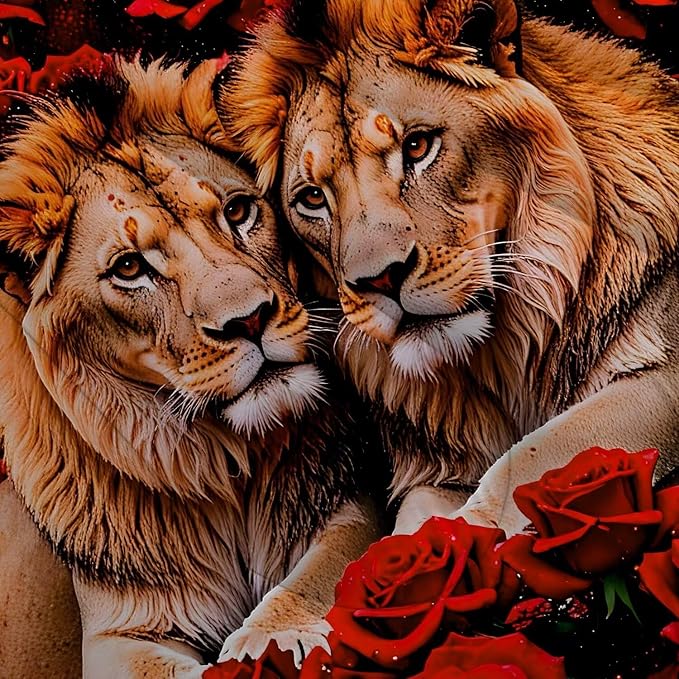 Kids Adults 3D Animal Comforter Set Queen, Soft Wildlife Lion Red Rose Print Bedding Set Theme Design Animal Print Bedding Set for Kids Youth Adults, Modern Brown Lion Quilt Cover Decor Room