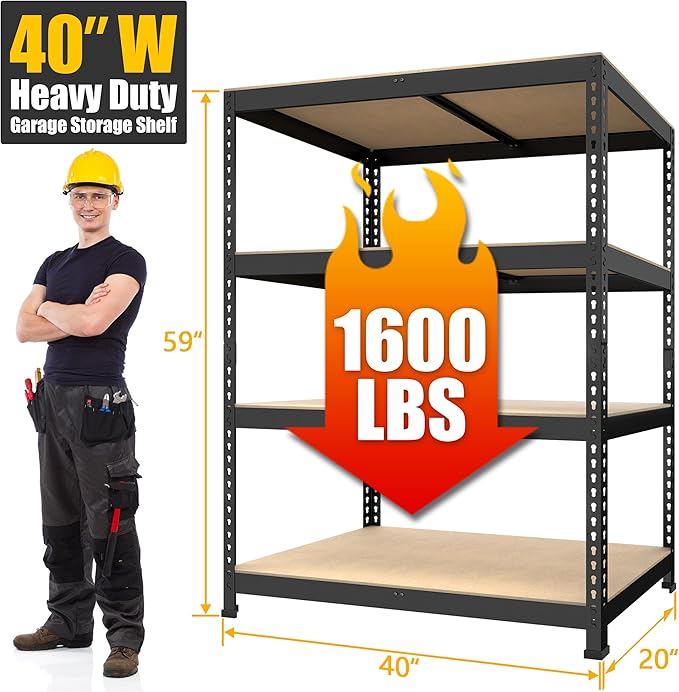 PrimeZone 40" W x 20" D x 59" H Heavy Duty Storage Shelves, 4 Tier Adjustable Garage Shelving Unit, Metal Organizer Shelf Utility Rack for Warehouse Pantry Closet Kitchen, Black, 4 Pack
