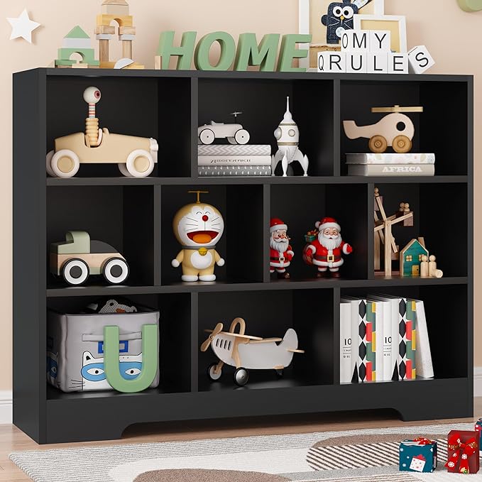 Book Shelf for Kids, 10 Cubes Storage Organizer Montessori Bookshelf, 3-Tier Wooden Kids Bookcase, Toy Storage Organizer for Children, Black Toddler Bookshelf Cube Shelf for Kid’s Room, Classroom