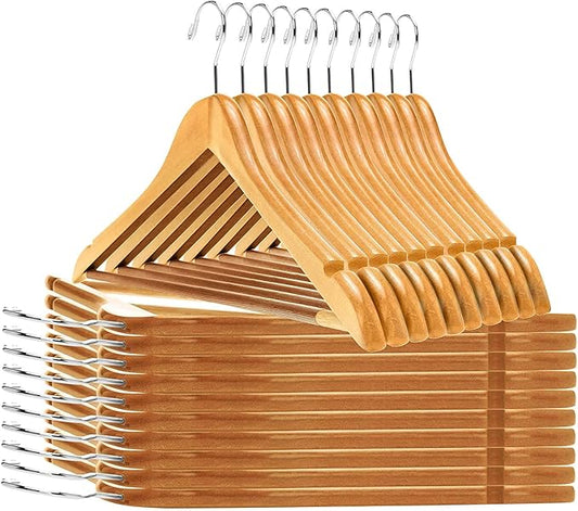 Quality Wooden Hangers - Slightly Curved Hanger 90 Pack Sets - Solid Wood Coat Hangers with Stylish Chrome Hooks - Heavy-Duty Clothes, Jacket, Shirt, Pants, Suit Hangers (Natural, 90)