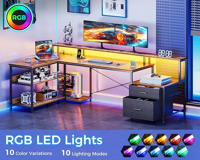 ODK L Shaped Desk with File Drawer, 75" Reversible L Shaped Computer Desk with Power Outlet & LED Strip, Office Desk with Storage Shelves, Gaming Desk with Monitor Shelf, Corner Desk, Vintage