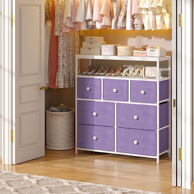 EnHomee Tv Stand for Bedroom with 7 Fabric Dressers and 2 Shelves，Dressers & Chests of Drawers for Closet，Hallway，Entryway，Dormitory，Purple Storage Drawers