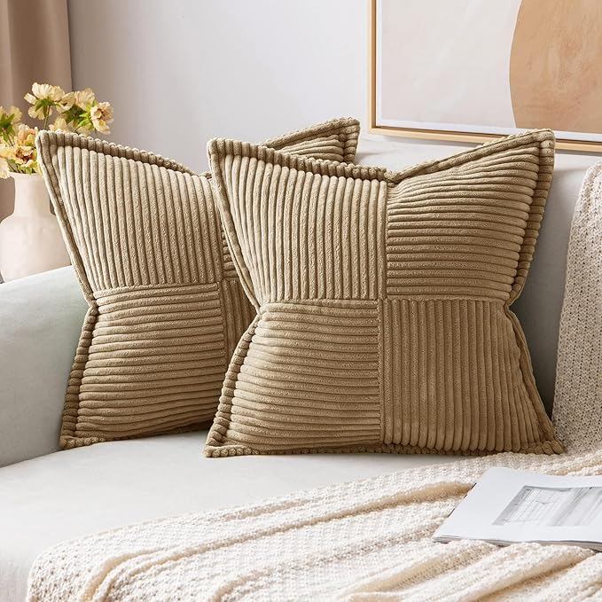 MIULEE Decorative Euro Sham Throw Pillow Covers for Couch Bed Livingroom 26x26 Inch Set of 2 Khaki Boho Accent Throw Pllows Broadside Striped Patchwork Soft Corduroy Pillowcases