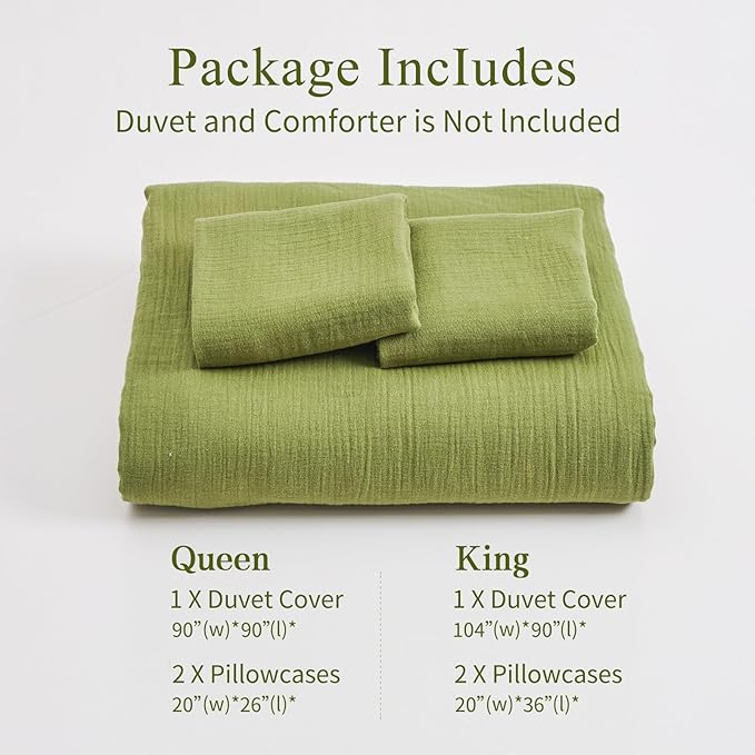 MEISHANG Muslin Duvet Cover King Size - 100% Organic Cotton, Soft Textured Gauze Weave Comforter Cover for Breathable All-Season with Zipper Closure - 3 Piece Set (King, Forest Green)