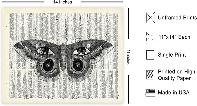 Poster Master Dictionary Art Poster - Butterfly Print - Eyes on Wings Art - Insect Art - Gift for Men, Women & Animal Lover - Gothic Decor for Living Room, Bedroom or Dorm - 11x14 UNFRAMED Wall Art