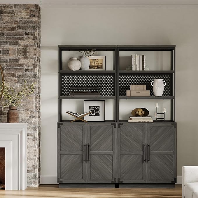 SICOTAS Tall Bookshelf with Storage Cabinet - Modern Book Shelf with Doors and Shelves, 5 Tier Bookcase with Metal Frame Industrial Large Book Case for Home Office, Living Room, 75 Inch, Ash Gray