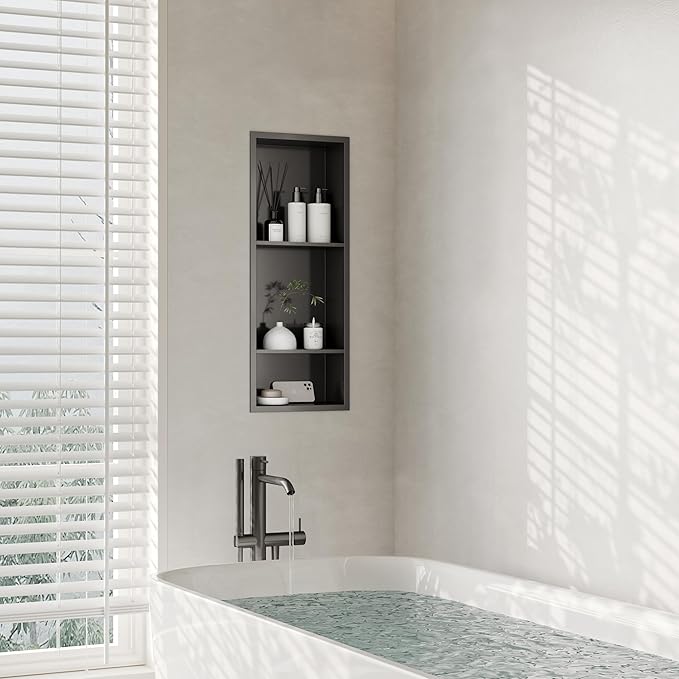 Stainless Steel Shower Niche 12" X 29", No Tile Needed Wall Niche Three-Tier, Recessed Shower Shelf for Bathroom Storage, Gun Metal
