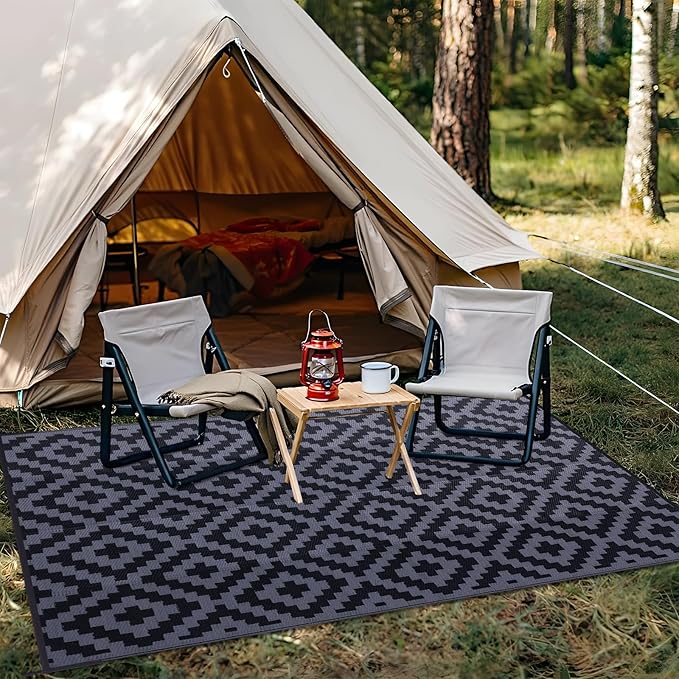 OLANLY Waterproof Outdoor Rug 9x18 ft, Outdoor Plastic Straw Rug for Camping, RV Mat Outside, Indoor Outdoor Carpet for Porch, Deck, Backyard, Balcony, Picnic, Black & Grey