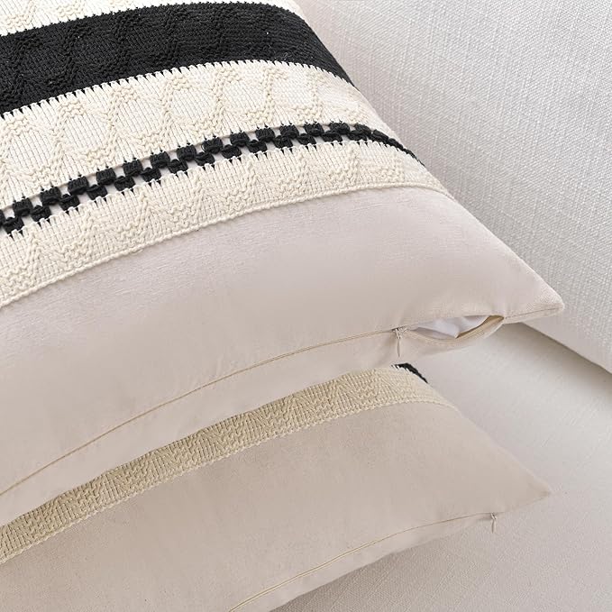 Fancy Homi Set of 2 Boho Black Big Decorative Throw Pillow Cover 24x24 Inch for Couch Bed Bedroom, Aesthetic Modern Organic Farmhouse Room Decor, Soft Cotton Accent Macrame Woven Cushion Case