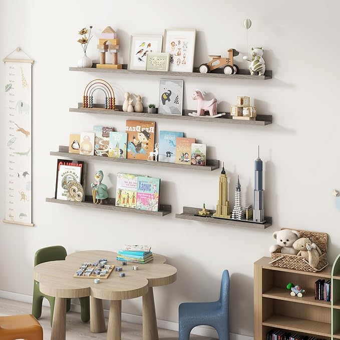Picture Ledge Shelf, 48 Inch Long Floating Shelves for Wall, Nursery Bookshelf for Storage with Lip, Rustic Elm Wood Photo Ledge Shelves for Bedroom, Living Room, Kitchen (Grey, 48in Set of 2)