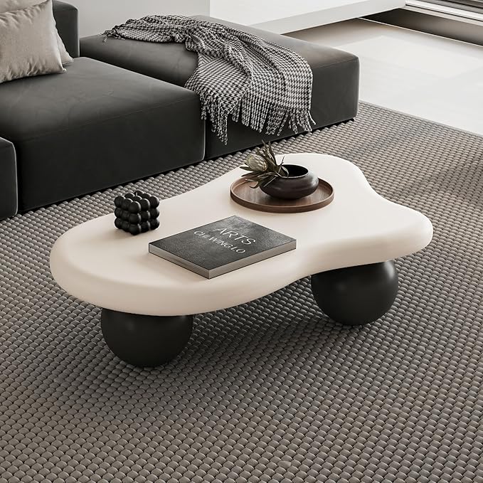 40 Inch Cloud Shaped Coffee Table with 3 Ball Legs for Living Room White Top Black Legs