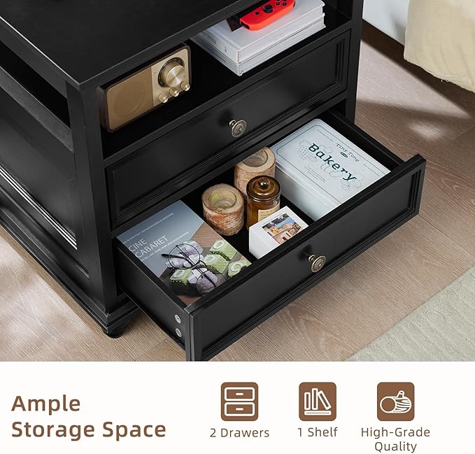 24" Wide Farmhouse Night Stand,Large End Table with 2 Drawers & Metal Handle,Wood Dresser for Bedroom, Black Bed Side Table Chest of Drawers Cabinet,Nightstand for Living Room,Closet