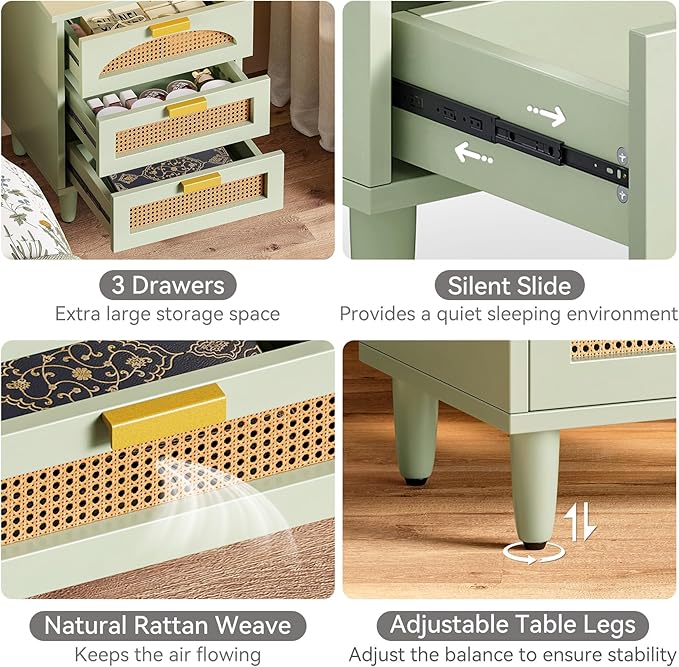 LITTLE TREE Rattan Nightstand, Mint Green End Table with 3 Drawers for Couch, Wooden Bedside Table for Living Room, Bedroom, Easy Assembly