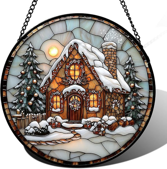 Stained Glass Window Hanging - Christmas Tree Cottage Sun Catcher for Door Garden Home Winter Decor Snowy Night Suncatcher Mother's Day Birthday Gifts for Women Men Mom Nana 9.8 in