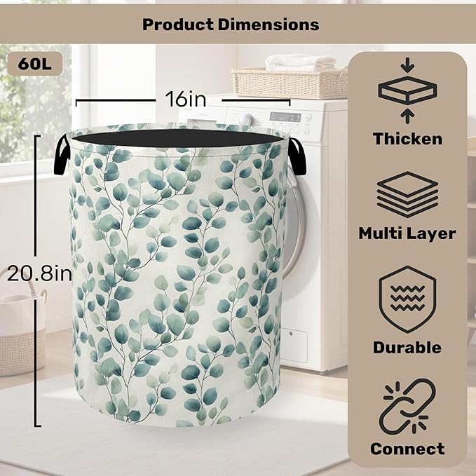 Sage Green Plant Large Clothes Hamper Bag - Laundry Basket with Handles, Space Saving Foldable Design for Nursery