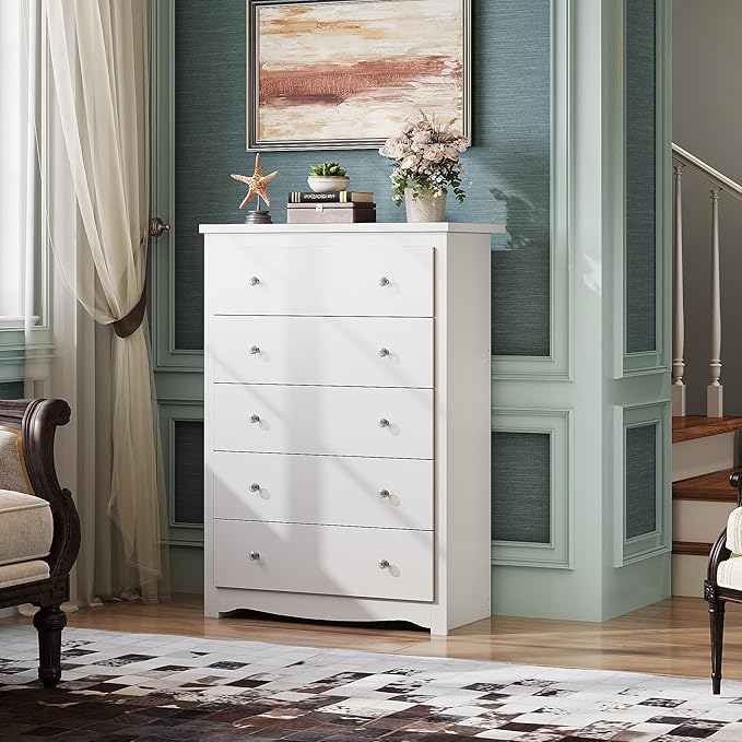 WLIVE White 5 Drawer Wood Dresser, Wooden Chest of Drawers for Bedroom, Storage Cabinet and Organizer Drawers for Living Room, Hallway, Closet, Measuring 15.75" W*31.50" D*45.35" H