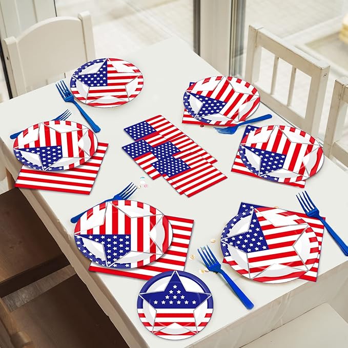96 Pcs 4th of July Party Plates Napkins Tableware Set American Flag Supplies Disposable Dinnerware Patriotic Freedom Stars Party Decoration Favors for Independence Veterans Day Memorial Day, 24 Guest