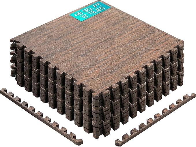 Yes4All 48SQ.FT Wood Grain Puzzle Exercise Mat Protective Flooring, EVA Interlocking Foam Floor Tiles with Border for Home