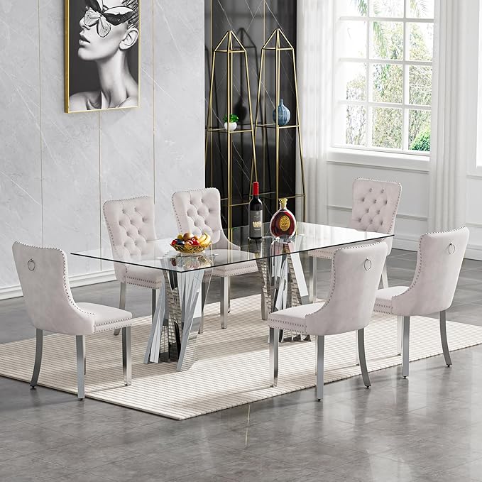 Goujxcy 70" Glass Dining Table Set for 6, Modern Silver Dining Table Set with 6 Beige Velvet Upholstered Dining Chairs, 7 Piece Kitchen Dining Room Table Set with Stainless Steel Legs