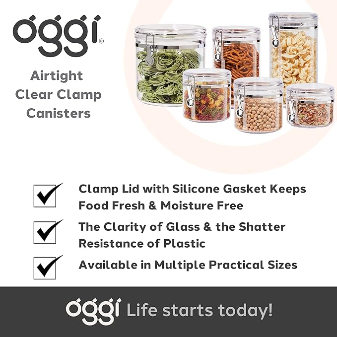 OGGI Medium-Sized Clear Canister with Clamp Lid, 61 oz - Large Airtight Food Storage Container, for Kitchen & Pantry Storage of Bulk, Dry Foods, Pasta, Flour, Sugar, Coffee, Rice, Tea, Spices & Herbs