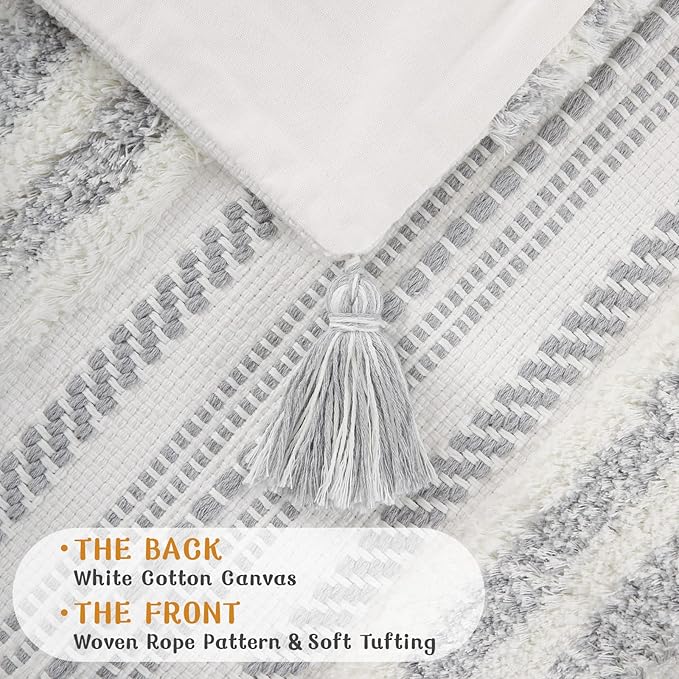 decorUhome Decorative Boho Throw Pillow Cover 12x20, Lumbar Accent Neutral Textured Tufted Pillow Cover Striped for Couch Bed Sofa, Grey and Cream White, Pack of 1