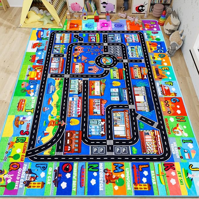 Kids Rugs for Toy Cars Playroom 59"×39.4" ABC Transportation Animals Play Mat Educational Mat Alphabet Area Rug Public Buildings Kids Playtime Collection Toddler Learning Carpet