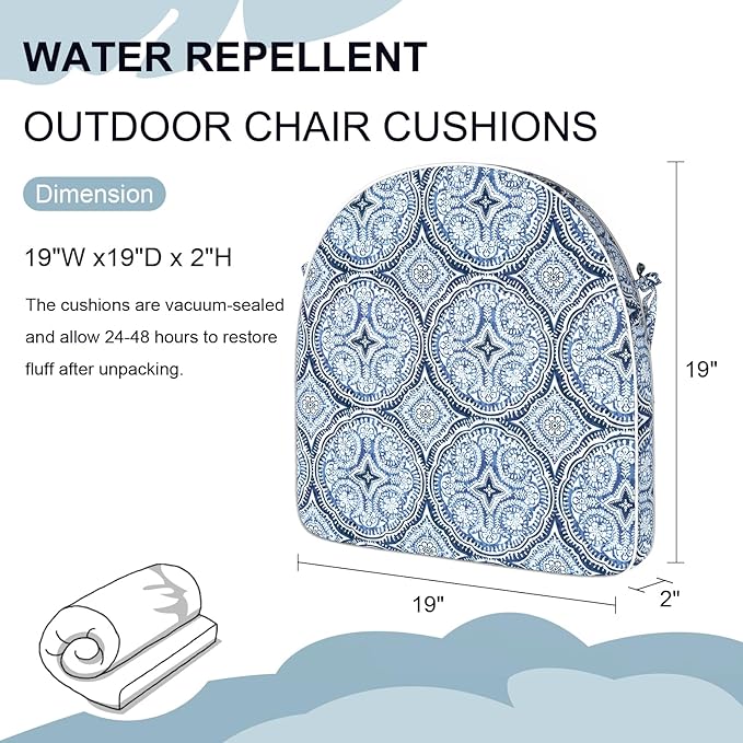 Set of 2 Outdoor Chair Cushions 19"x19"x2",Water Repellent Dining Seat Cushion with Ties and Removable Covers, Chair Cushions for Indoor and Patio Furniture, Medallion Blue