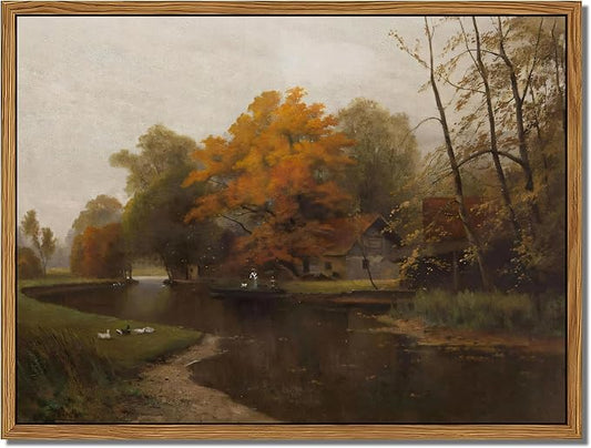 Floating Framed Canvas Wall Art Decor – Vintage Autumn by the Water Landscape Paintings Prints, Nature Countryside Pictures Wall Decor for Living Room Bedroom Office Decoration 12x16 inch