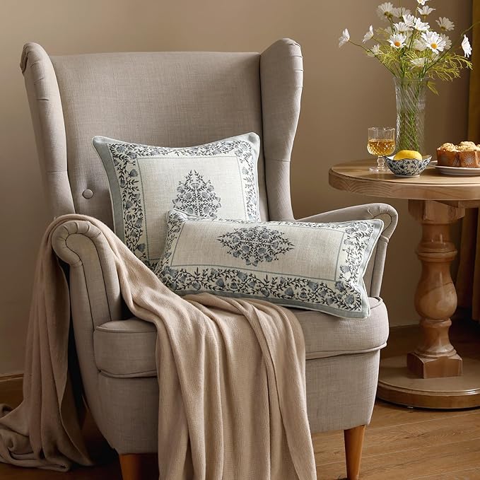 Design Linen Square Throw Pillow Covers 18"x18" Pack of 2, Cottage Farmhouse Cushion Covers with Blue Grey Thorn Vine Pattern Decoration Pillowcases for Bed, Living Room, Outdoor, Car