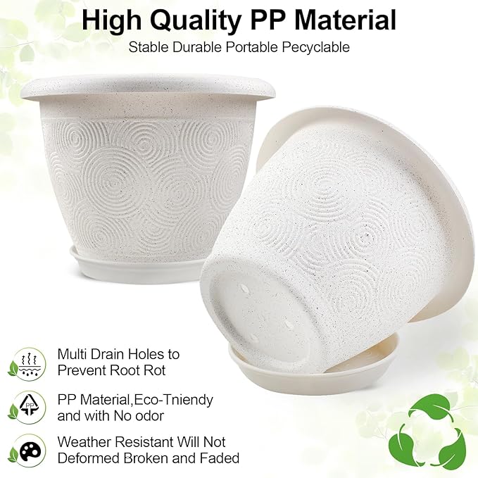 Plastic Flower Pots Planters for Indoor Plants, 4 Pack 14 Inch White Plant Pots with Drainage Hole & Tray, Modern Decorative Large Plant Pot with Saucer for Indoor Outdoor Plants Garden House Planter