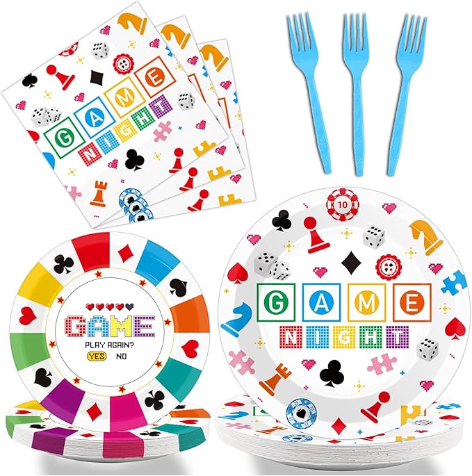 Wiooffen 96 Pcs Family Game Night Party Supplies Gaming Party Decoration For Birthday Party Video Game Party Tableware Set Kids Game Night Party Paper Plate Napkin Fork 24 Guests