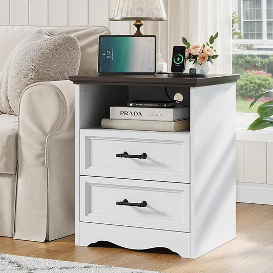 Farmhouse Nightstand with Charging Station, End Table with 2 Drawers Storage, Space-Saving Wood Storage Cabinet with Unique Base Design, Bedside Table for Bedroom, Living Room, White