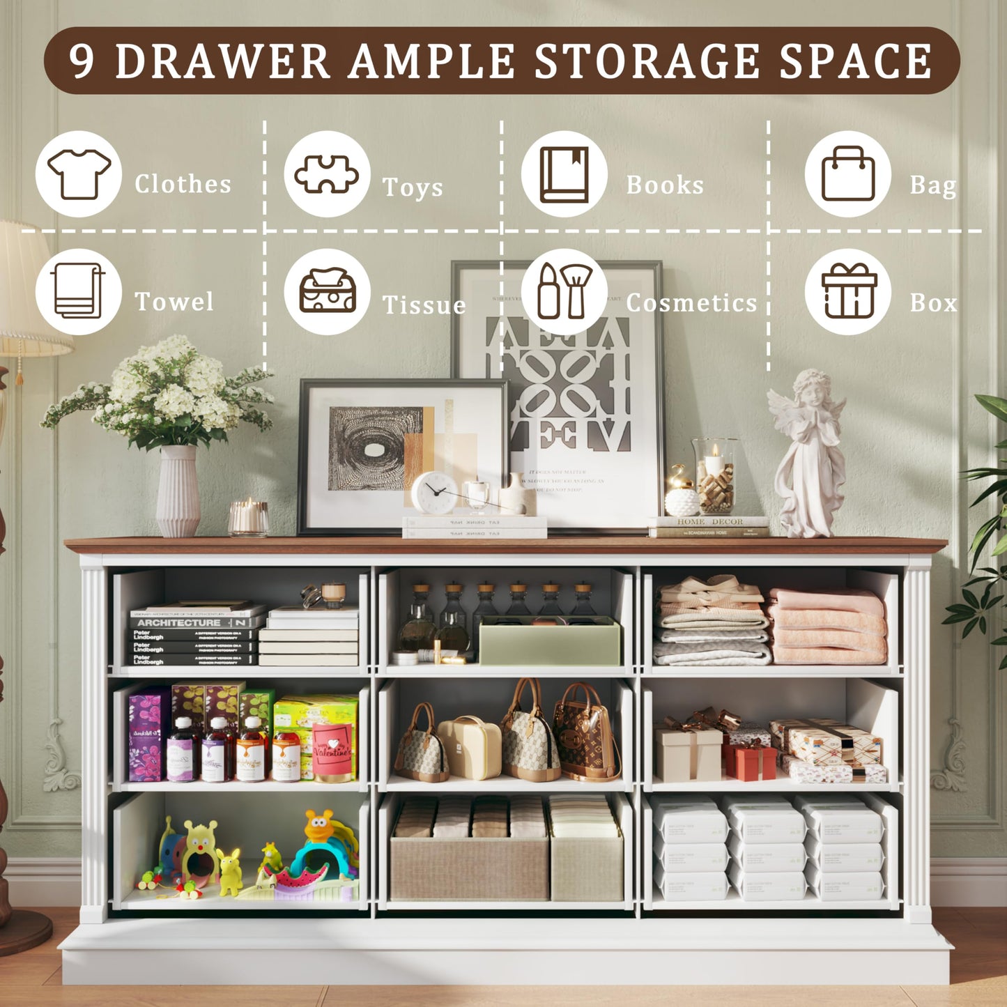 HUAHUU Farmhouse 9 Drawer Dresser for Bedroom, 60" Wide Wood Dresser with Roman Column, Chest of Drawers with Antique Bronze Circle Handles, Storage Organizer for Living Room, Hallway, Entryway, White