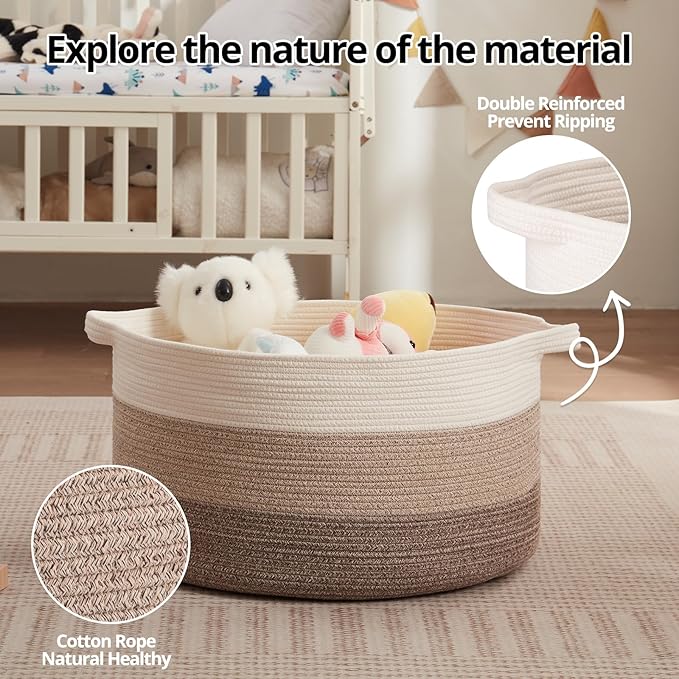 OIAHOMY Extra Large Storage Basket, 24" x 15" Woven Blanket Storage for Living Room, Round Laundry Basket for Pillow - Gradient Brown