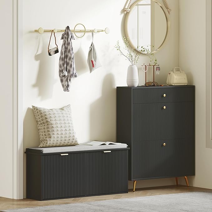 HOMCOM Shoe Bench with Padded Seat Cushion and 2 Flip-Drawers, Entryway Bench Holds up to 529lb, Shoe Cabinet, 40.9x10.2x18.7 Inches, Black