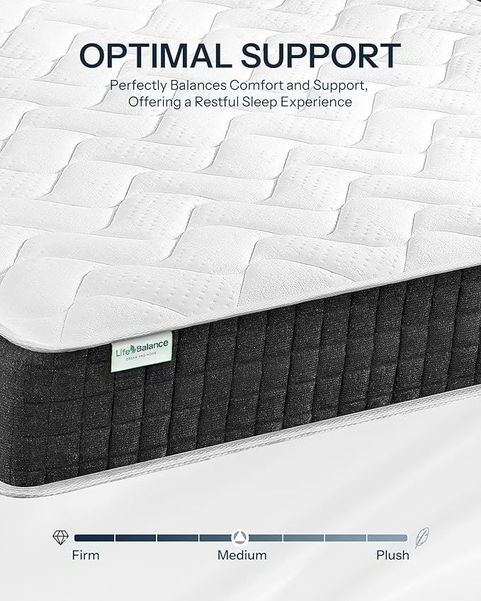 Life Balance Hybrid King Mattress 12 Inch, Medium Firm, Made in USA, Supportive Foam & Innerspring Coils, Motion Isolation & Pain Relief, Mattress in a Box, CertiPUR-US Certified, CE-12-K