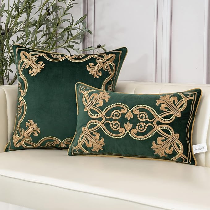 Aeckself European Luxury Velvet Throw Pillow Cover 16 x 16 Inch, Embroidery Floral Pillow Cover Home Decor Pillowcase for Couch Bedroom Living Room, Dark Emerald Green and Gold