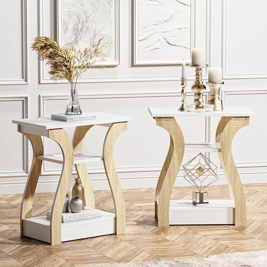 End Table with Charging Station, Side Table with USB Ports and Outlets, 3 Tier Nightstand Sofa Table for Small Spaces, Beside Table with Storage Shelf for Living Room, Bedroom