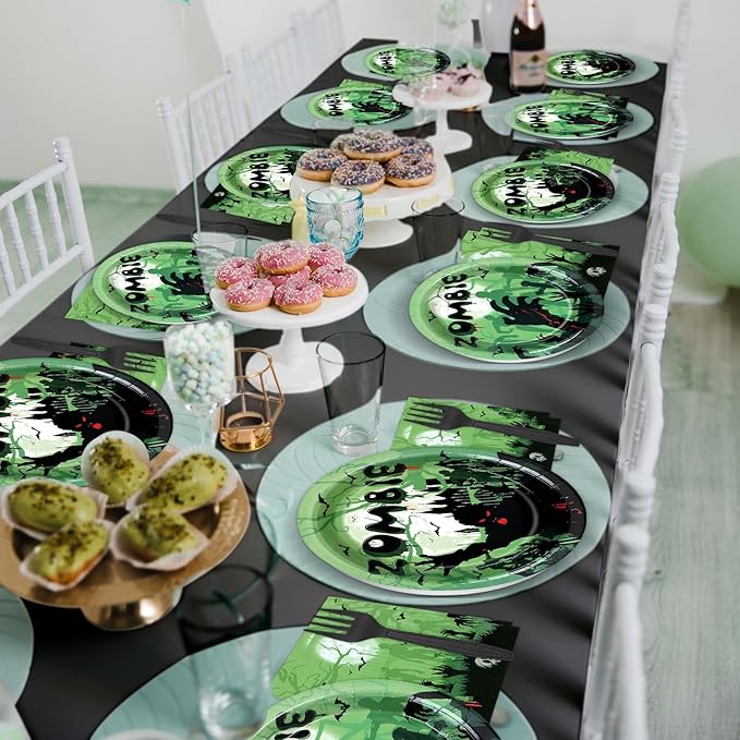 Wiooffen 96 Pcs Zombie Halloween Party Plates Napkins Tableware Set Halloween Birthday Party Supplies Disposable Paper Dinnerware Zombie Theme Table Decoration Favors for Birthday, 24 Guests