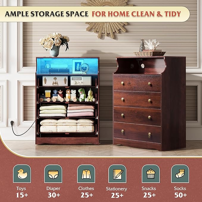 WLIVE Brown Dresser for Bedroom, Tall Wood Dresser with 4 Drawers and Open Shelf, LED Chest of Drawers with Charging Station and LED Lights for Living Room, Hallway, Closet, Rustic Brown