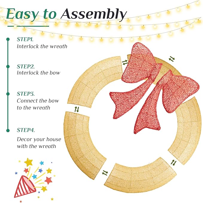 Sweetcrispy Pre-Lit Christmas Wreath, LED Lighted Holiday Outdoor Decoration with Bow for Door, Mantel, Wall, Windows, Front Door Decor, 47.5in Gold Wreath - Red Bow