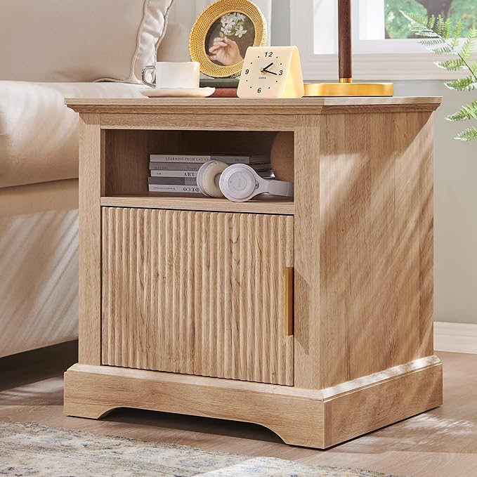 Fluted Nightstand Set of 2, 22" Large Modern Side Table with Charging Station, Wood End Table w/Open Shelf, Bedside Table with Storage Space for Bedroom, Living Room (Natural)