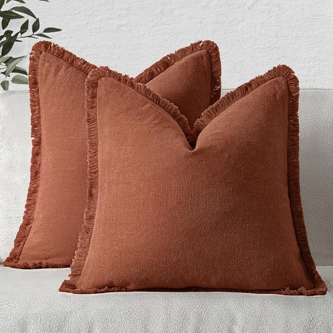 MIULEE Fall Decorative Throw Pillow Covers Neutral Linen Fringe Throw Pillows Set of 2 Late Autumn Boho Farmhouse Cushion Covers for Couch Sofa Bed Living Room Spring Home Decor 18x18 Inch