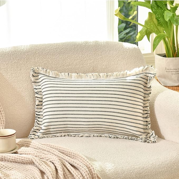 ZWJD Throw Pillow Covers 12x20 Set of 2 Striped Pillow Covers with Fringe Chic Cotton Decorative Pillows Square Cushion Covers for Sofa Couch Bed Living Room Farmhouse Decor