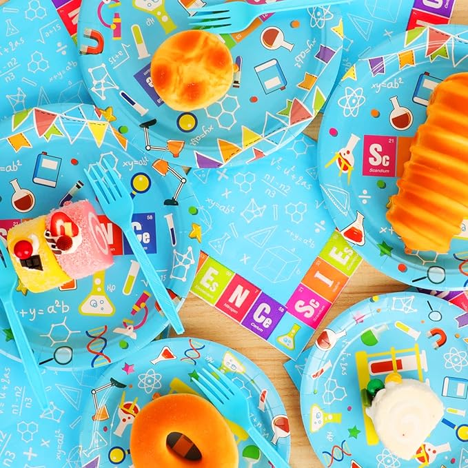 Wiooffen 96 Pcs Science Party Plates Napkins Tableware Set Mad scientist Supplies Disposable Dinnerware Little Scientist Decoration Favors for Kids, 24 Guests