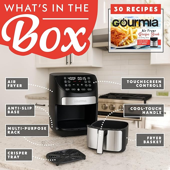 Gourmia Digital Air Fryer – 7 QT, FryForce 360° Technology, 10 Presets, Guided Cooking Prompts, Auto Shut-Off, Dishwasher Safe Basket, 1500W, black/Stainless Steel