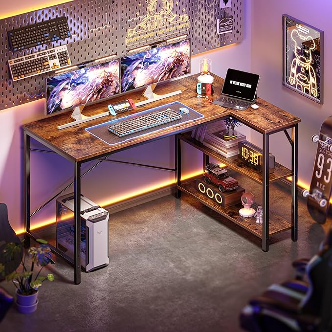 Huuger 47 Inches L Shaped Desk, Computer Desk with Reversible Storage Shelves, for Gaming Corner Home Office Writing Study, Metal Frame, Rustic Brown